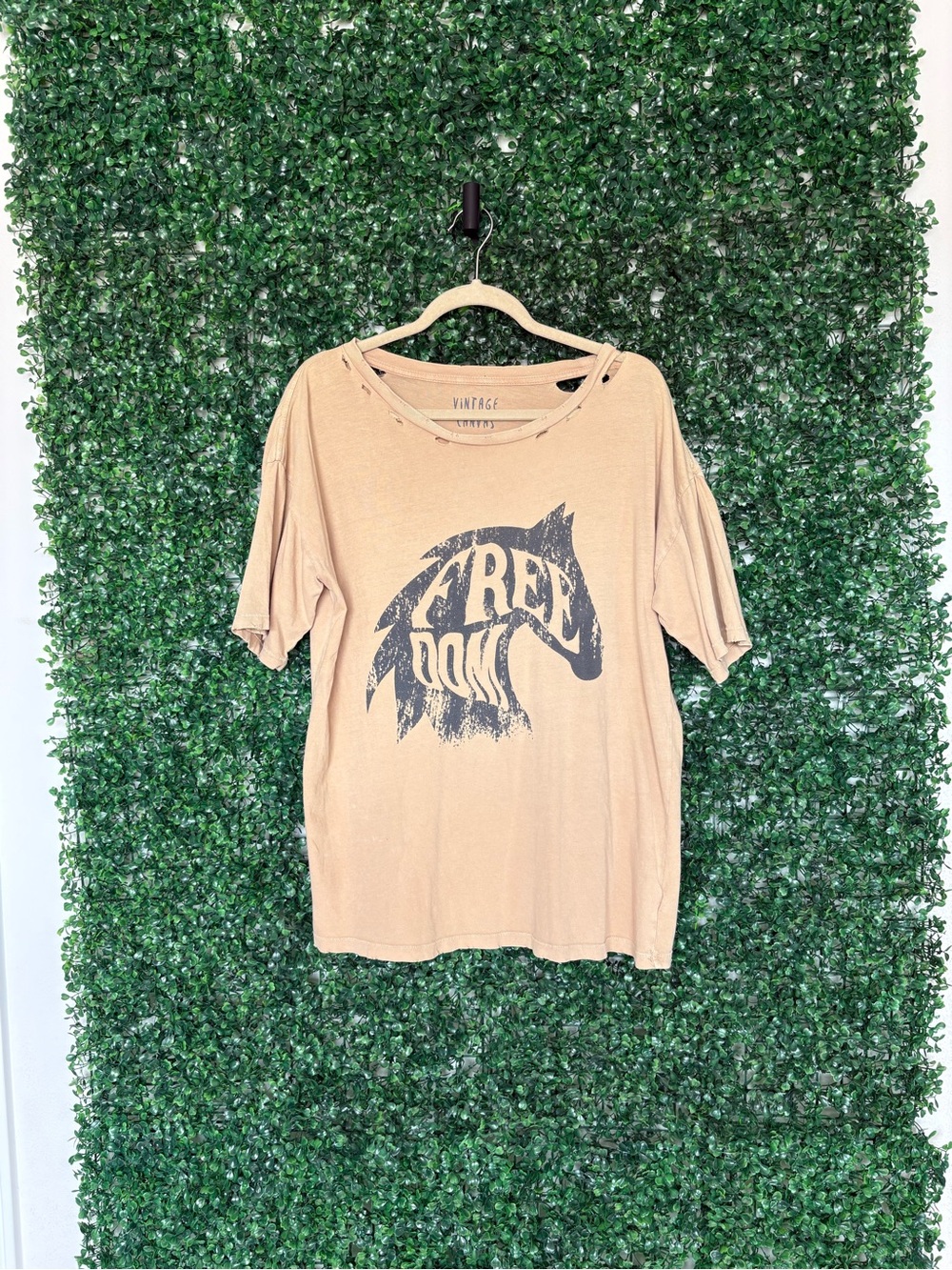 Vintage Canvas Distressed Tan 'Freedom' Horse Graphic oversized Short Sleeve Tee